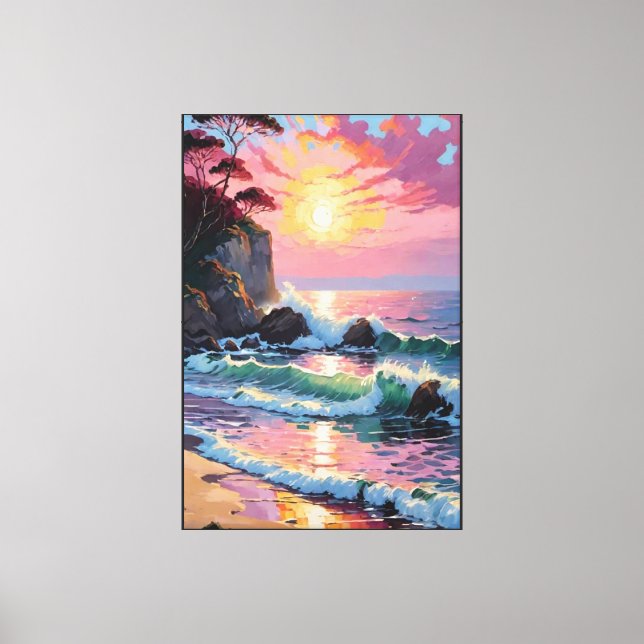 Toile Scène côtière au coucher du soleil avec falaises e (Recto)