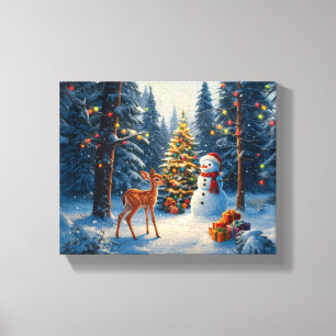 Toile Scène d'arbre de Noël Cerf Faon Bonhomme de neige