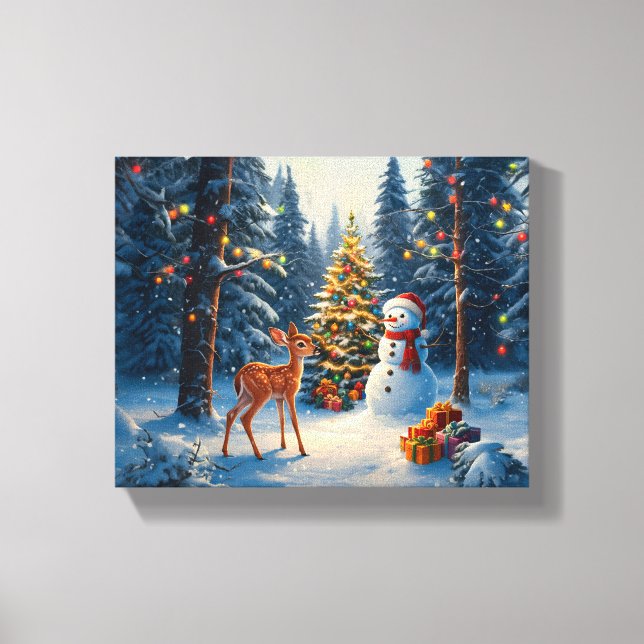 Toile Scene d'arbre de Noël Cute Deer Fawn Snowman (Recto)