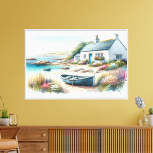 Toile Scène de bord de mer à l'aquarelle de cottage côti