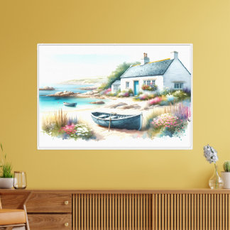 Toile Scène de bord de mer à l'aquarelle de cottage côti