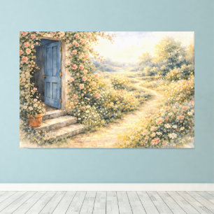 Toile Scène de chemin fleuri à la porte bleue du jardin