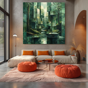 Toile Scène de forêt géométrique aux nuances de vert Abs