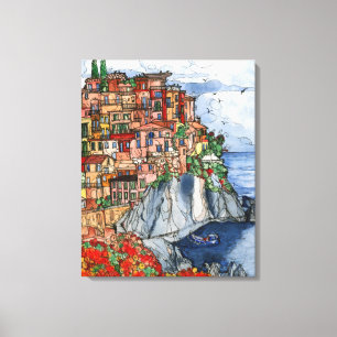 Toile Scène de la côte amalfitaine en aquarelle