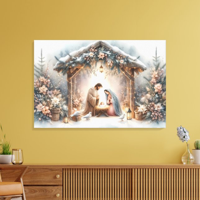 Toile Scène de la Nativité rustique avec fleurs d'hiver (Insitu(Salon))