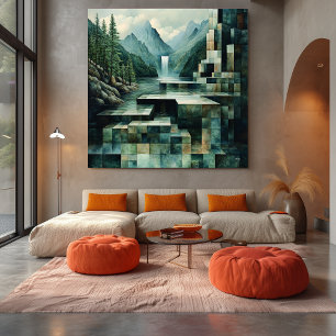 Toile Scène de montagne géométrique avec cascade et lac