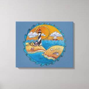 Toile Scène de plage de phare fantaisiste, art folkloriq