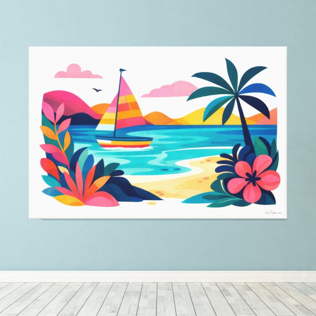 Toile Scène de plage rétro moderne 01 (Insitu (Plancher de Bois))