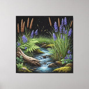 Toile Scène de ruisseau forestier tranquille avec lavand