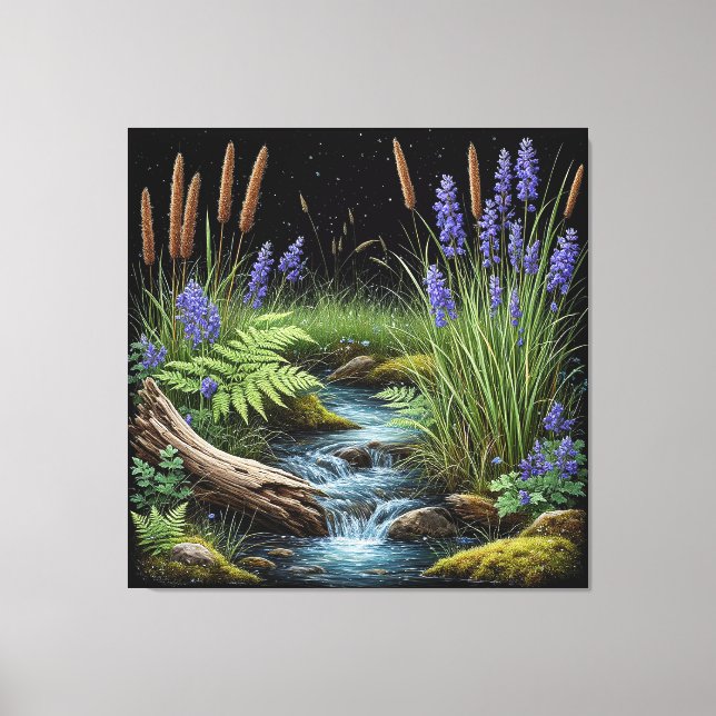 Toile Scène de ruisseau forestier tranquille avec lavand (Recto)