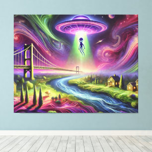 Toile Scène d'enlèvement par un OVNI coloré, extraterres
