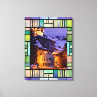 Toile Scène d'hiver dans la fenêtre en verre tendu