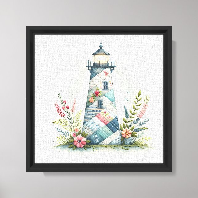 Toile Scène florale de phare en patchwork côtier (Recto)