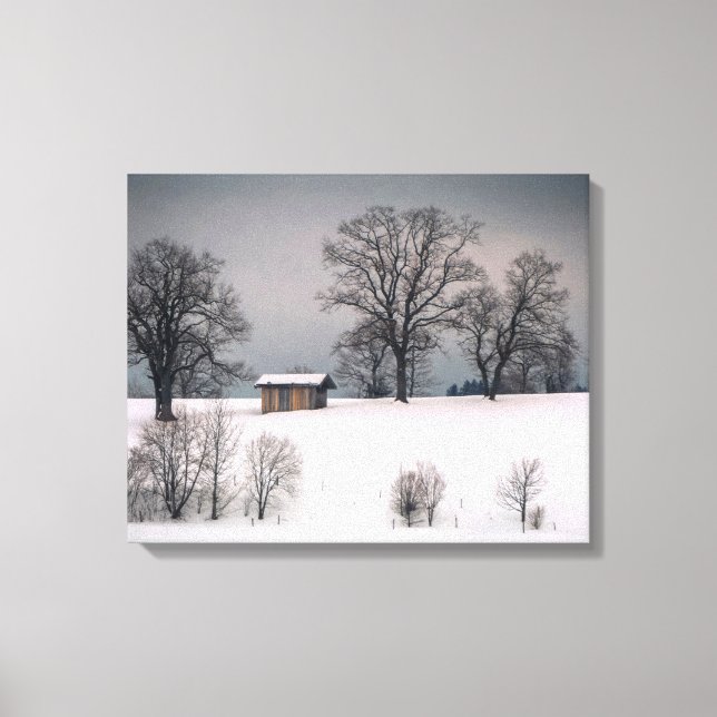 Toile Scène hivernale, colline et arbres, cabane (Recto)
