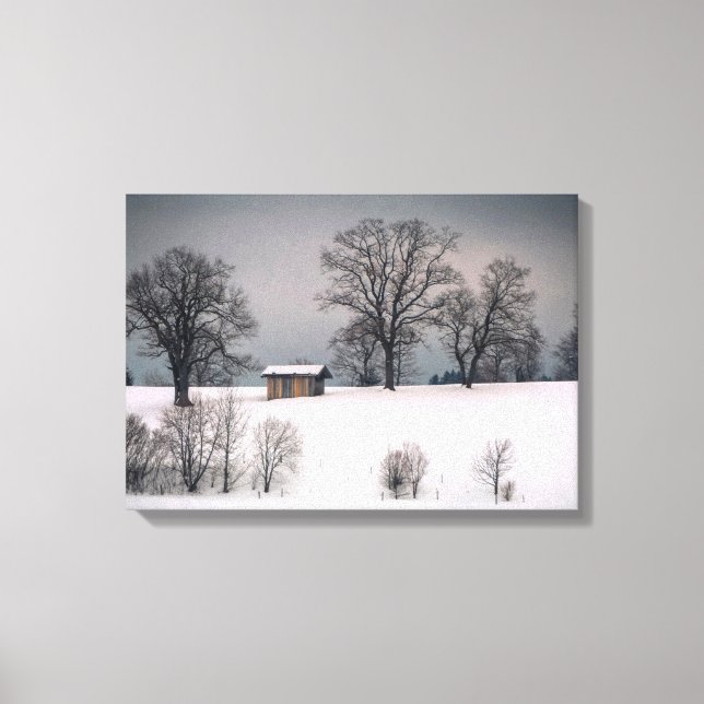 Toile Scène hivernale, colline et arbres, cabane (Recto)