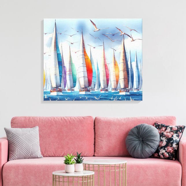 Toile Seagulls Soaring With a Sailboat Regatta (Insitu(Salon))