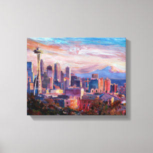 Toile Seattle Skyline Avec Aiguille Spatiale Et Mt Raini