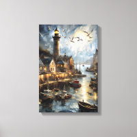 Serene Coastal Village à Dusk Nautical Harbour Art