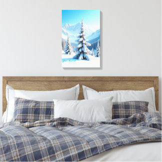 Toile Serene Snowy Mountain Landscape & Winter Pine Tree