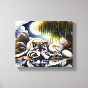Toile Sérénité au Clair de Lune Un Loup Endormi 10x8