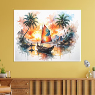Toile Sérénité de l'île – Paysage de bateau exotique Aqu
