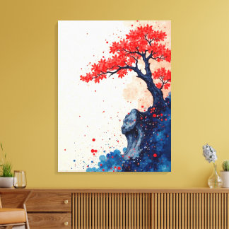 Toile Sérénité en rouge : Bonsai à flanc de falaise