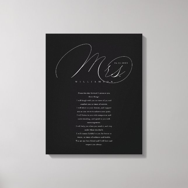 Toile Ses Vows Élégant Mme Newlyweds Mariage Vows Black (Recto)