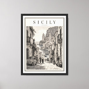 Toile Sicile Italie Années 1950 Cadre Noir et Blanc Vint