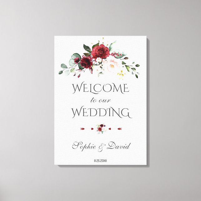 Toile SIGNE DE Mariage D'ACCUEIL Floral Burgundy Blush (Recto)
