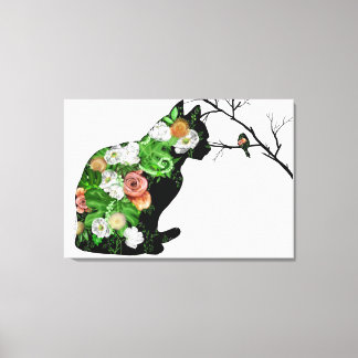 Toile Silhouette de chat floral