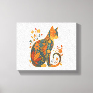 Toile Silhouette de chat floral - Coloré Vintage Botaniq