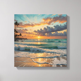 Toile Silhouette du coucher de soleil sur la plage