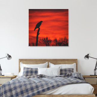 Toile Silhouette d'un Hawk au coucher du soleil