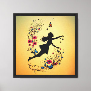 Toile Silhouette Girl avec papillons et fleurs