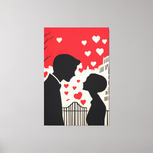 Toile Silhouette romantique Couple Coeurs Cityscape