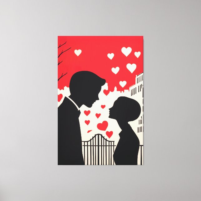 Toile Silhouette romantique Couple Coeurs Cityscape (Recto)