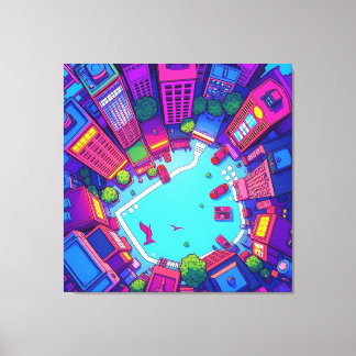 Toile Skyview City - Neon Pop Art Paysage urbain