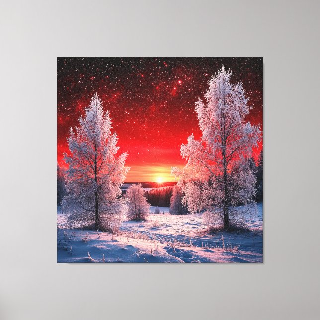 Toile Snowy Winter Forest Under Red Sunset (Recto)