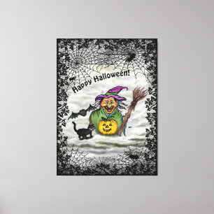 Toile Sorcière, Chat, Chauve-souris et Citrouille, Bonne