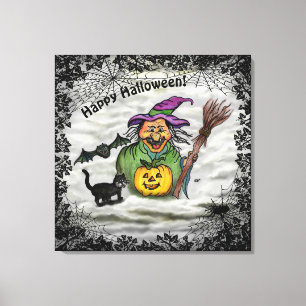Toile Sorcière, Chat, Chauve-souris et Citrouille, Joyeu