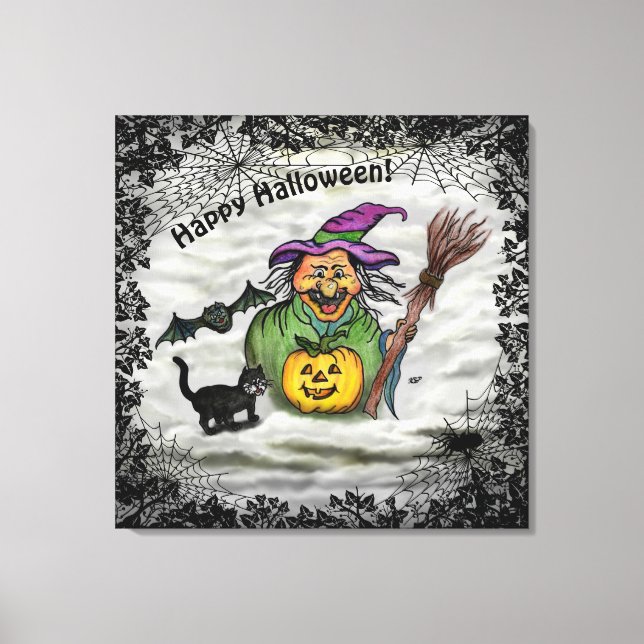 Toile Sorcière, Chat, Chauve-souris et Citrouille, Joyeu (Recto)