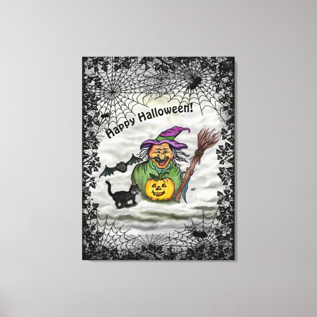 Toile Sorcière, Chat, Chauve-souris et Citrouille, Joyeu (Recto)