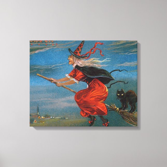 Toile Sorcière d'Halloween Volant Chat Noir la Nuit  (Recto)