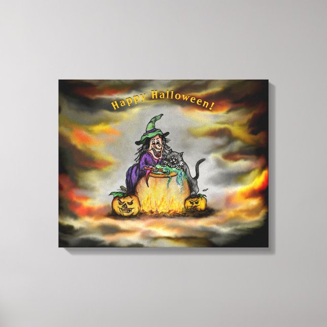 Toile Sorcière et chat noir, Happy Halloween ! (Recto)