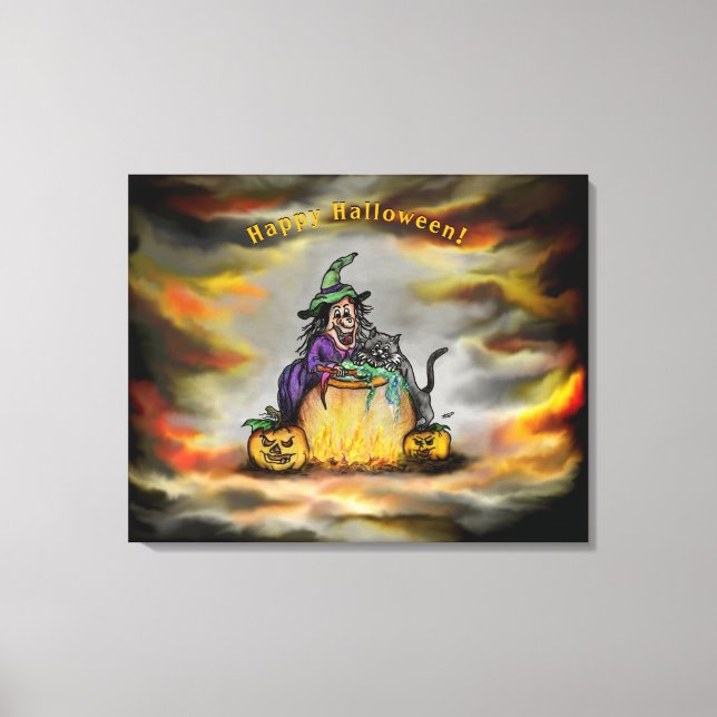 Toile Sorcière et chat noir, Happy Halloween ! (Recto)