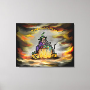 Toile Sorcière et chat noir, Joyeux Halloween !