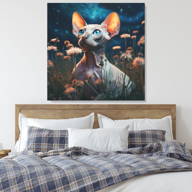 Toile Sphynx Cat Gazing Sky – Vibrant Floral Art (Insitu(Chambre))