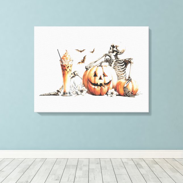Toile Squelette avec citrouille et boire. Halloween. (Insitu (Plancher de Bois))
