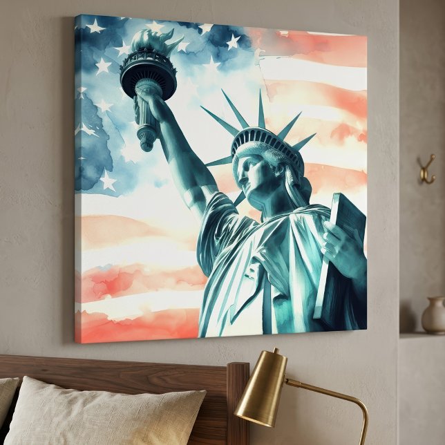 Toile Statue de la Liberté à l'aquarelle avec drapeau am (Watercolor Statue of Liberty with American flag. Canvas Print)