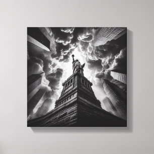 Toile Statue de la Liberté dramatique Skyline en noir et